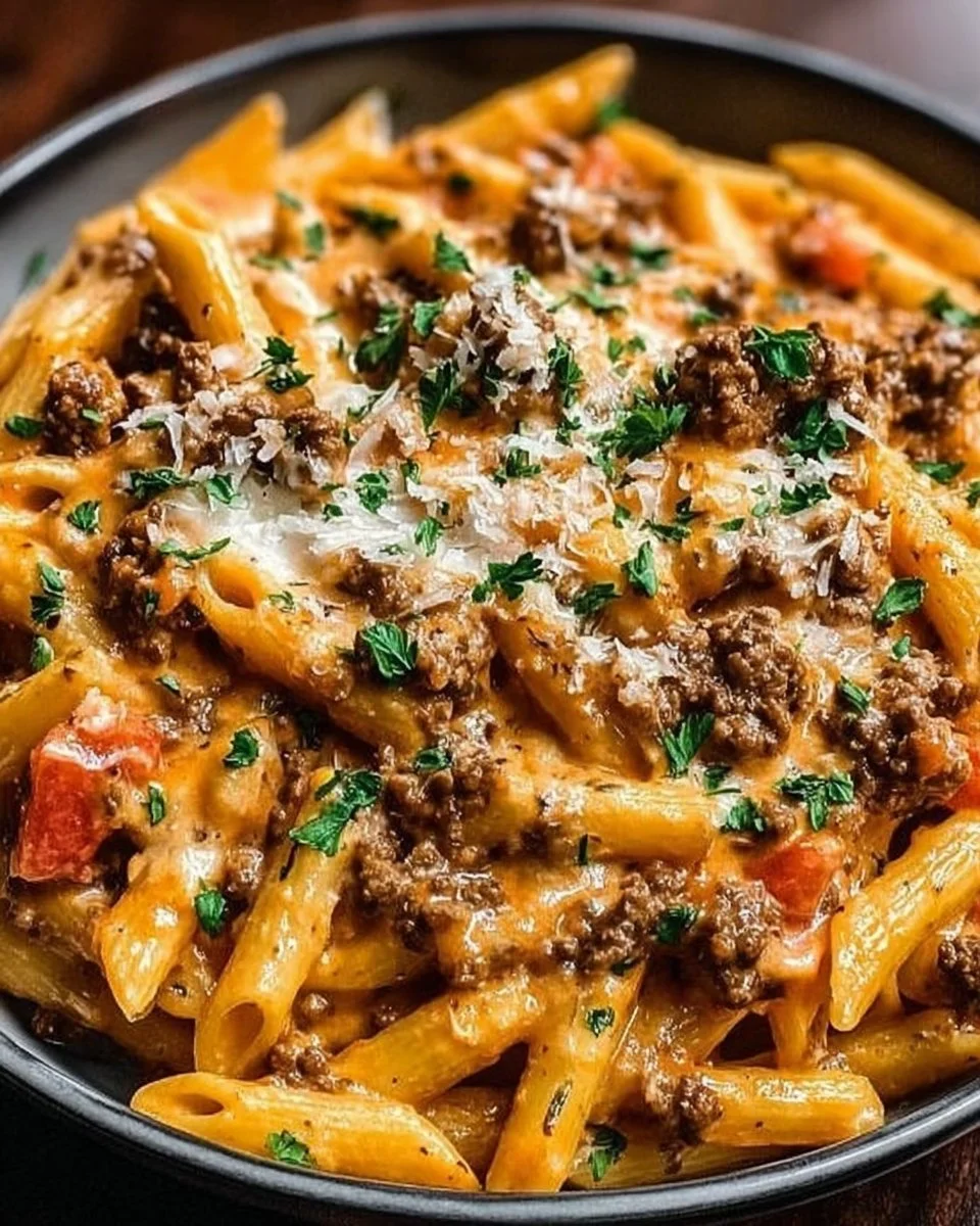 Creamy beef pasta served in a bowl with herbs and grated cheese.