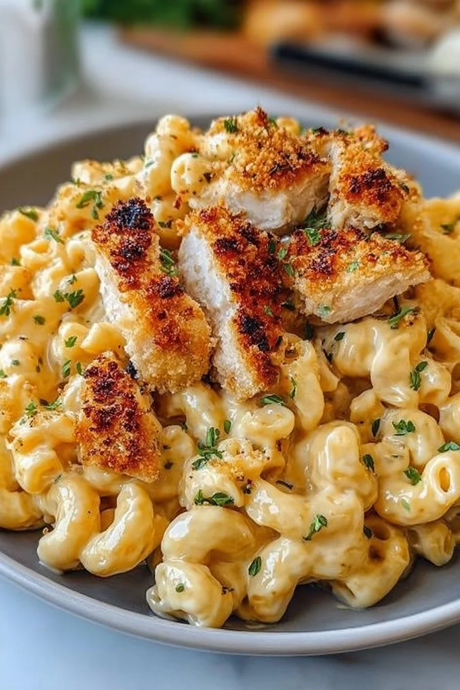 Creamy chicken mac and cheese dish garnished with herbs