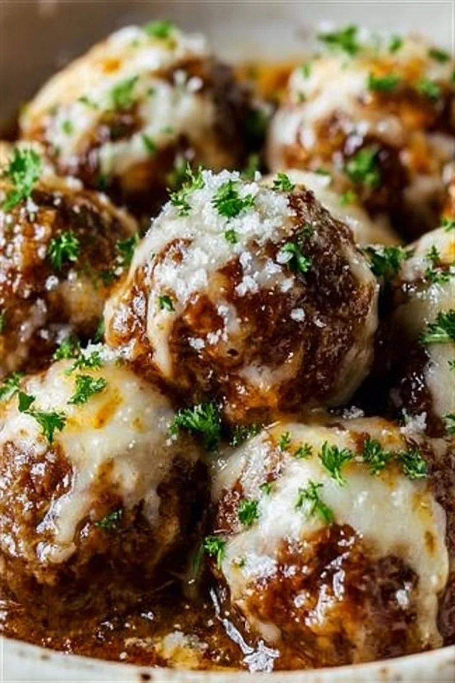 Crockpot French Onion Meatballs served with melted cheese on top