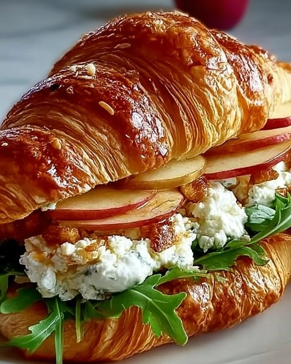 Apple and Goat Cheese Croissant Sandwich served on a plate with herbs