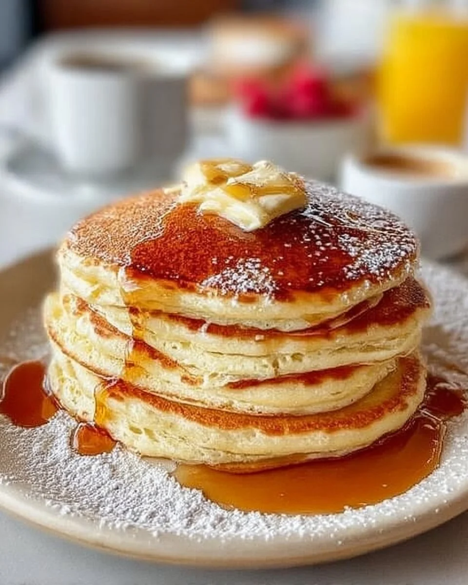 Delicious buttermilk pancakes stacked with syrup and berries