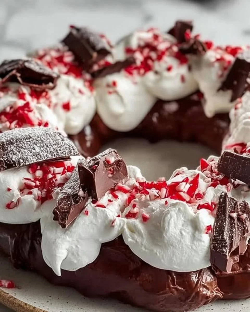 Elegant Chocolate Peppermint Pavlova Wreath decorated for the holidays