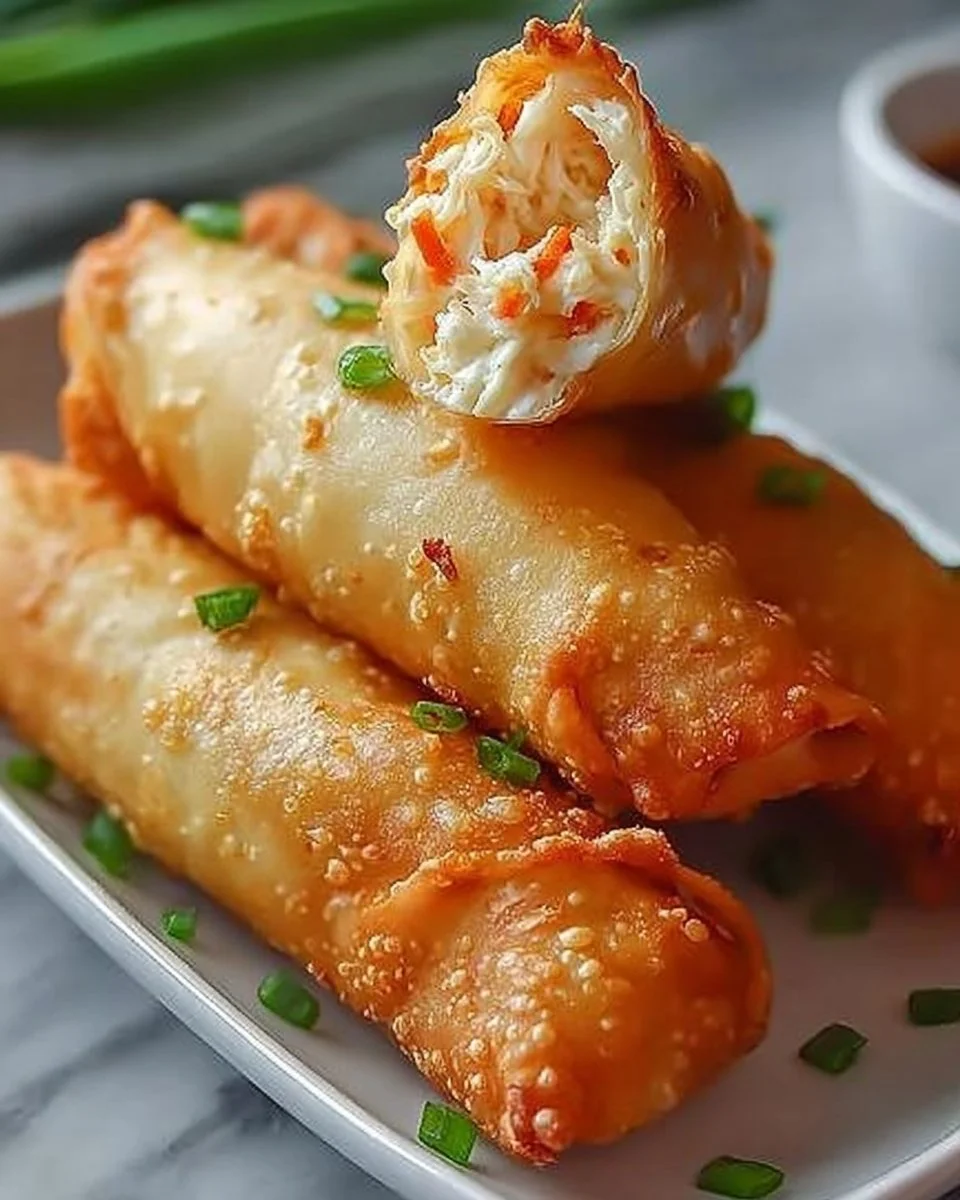 Crispy crab cake egg rolls served with dipping sauce on a plate