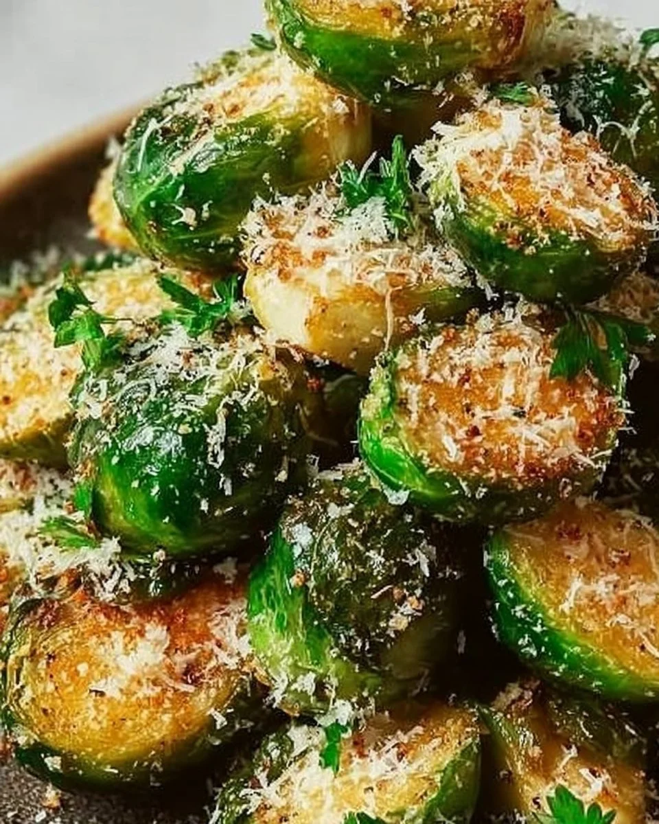 Delicious crispy Parmesan Brussels sprouts garnished and ready to eat