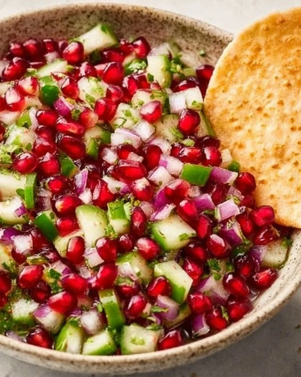 Fresh cucumber and pomegranate salsa recipe in a bowl garnished with herbs