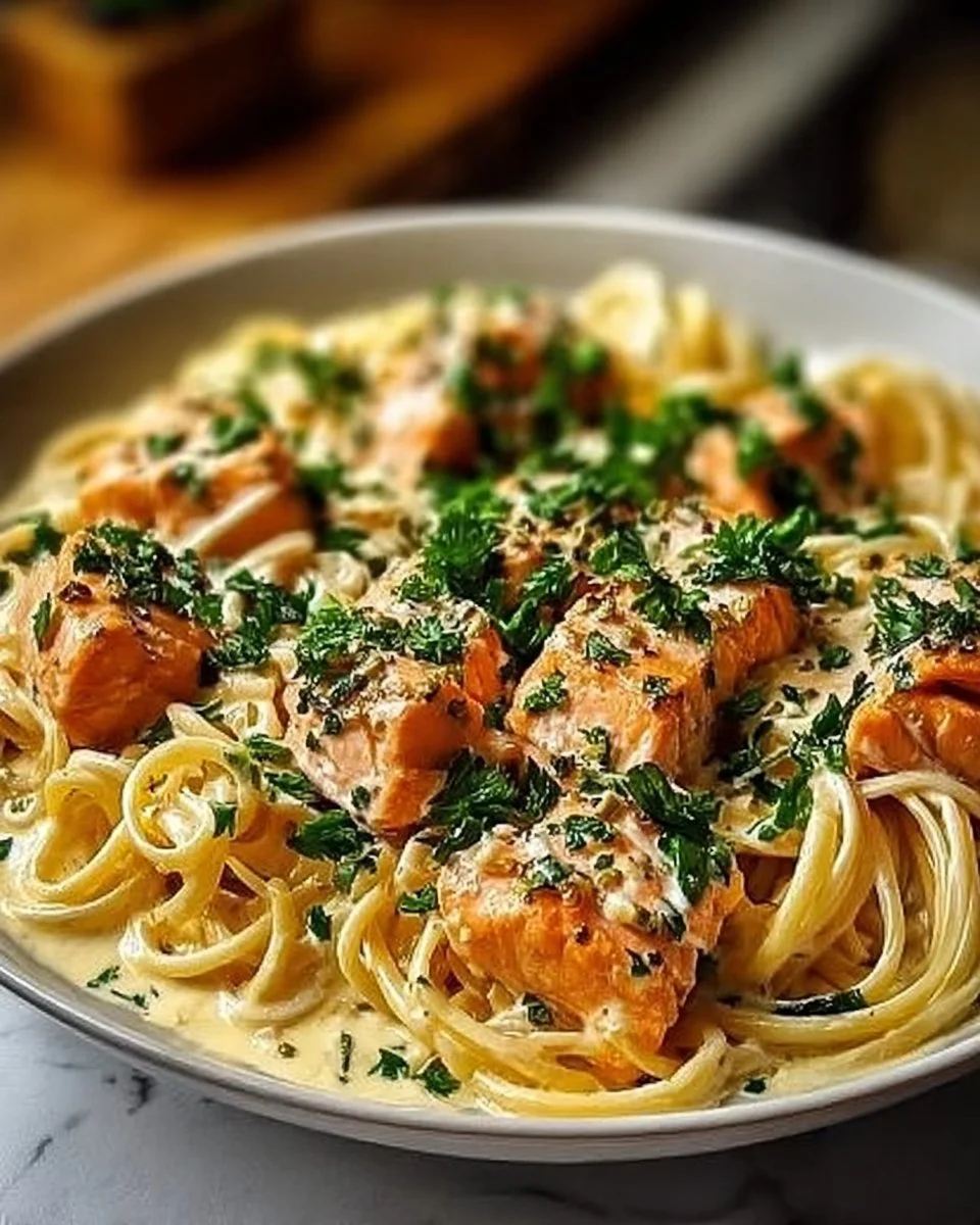 Garlic salmon pasta dish served with fresh herbs and garnished with lemon slices.