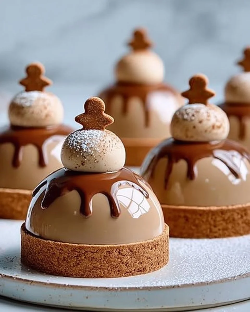 Gingerbread Latte Mousse Domes with festive decorations