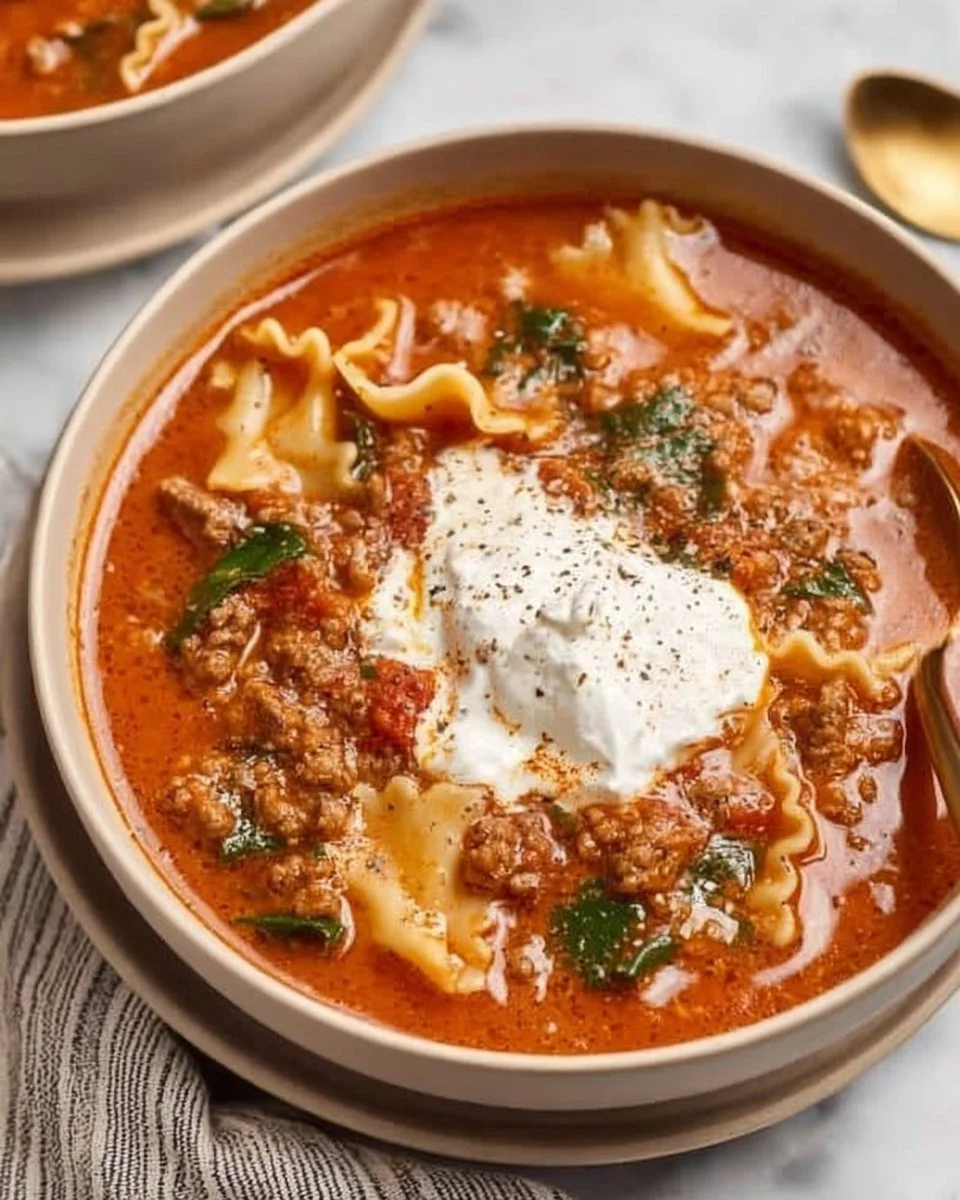 A delicious bowl of gluten-free, dairy-free lasagna soup topped with fresh herbs.