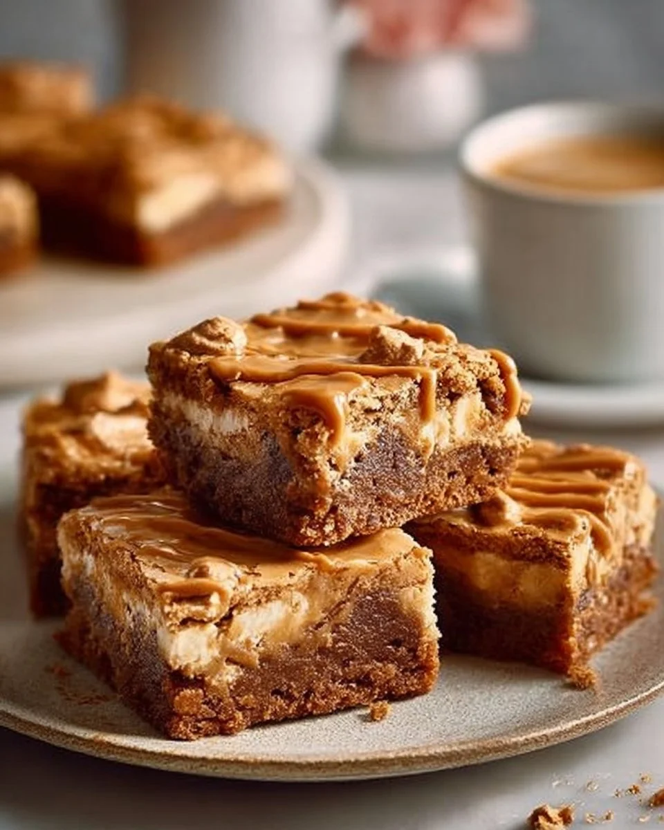 Delicious gooey Biscoff blondies topped with cookie butter