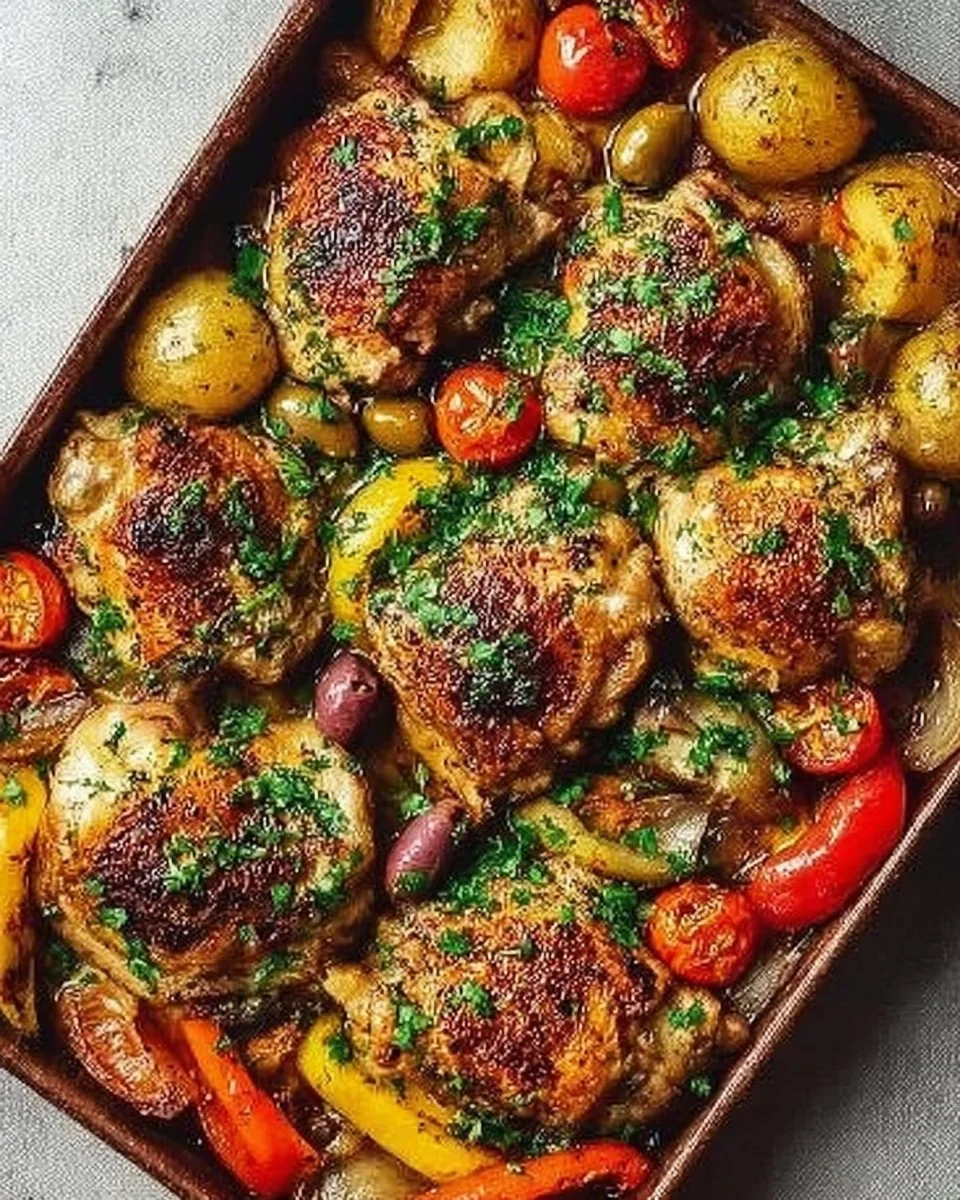 Delicious Greek Sheet-Pan Chicken with colorful vegetables on a baking tray.