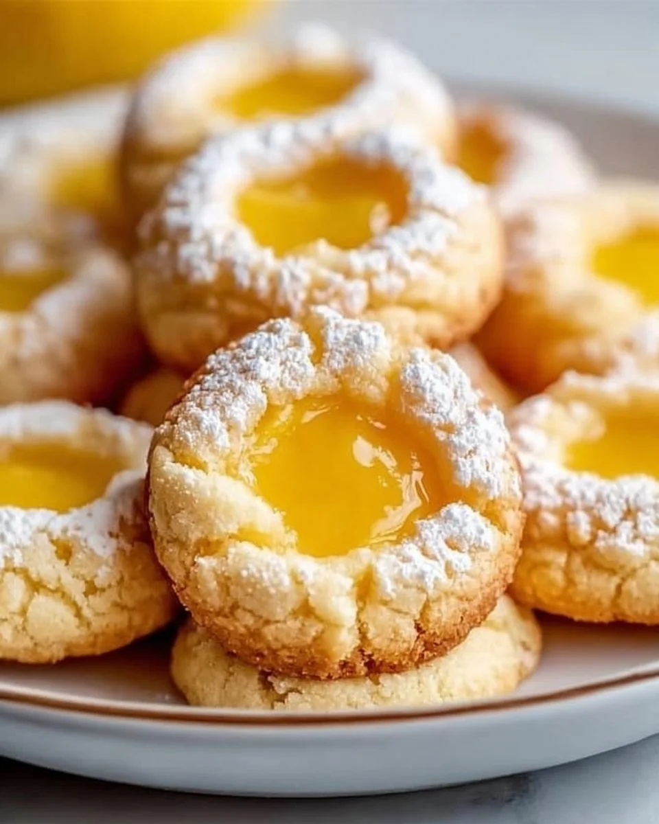 Lemon curd thumbprint cookies arranged on a plate