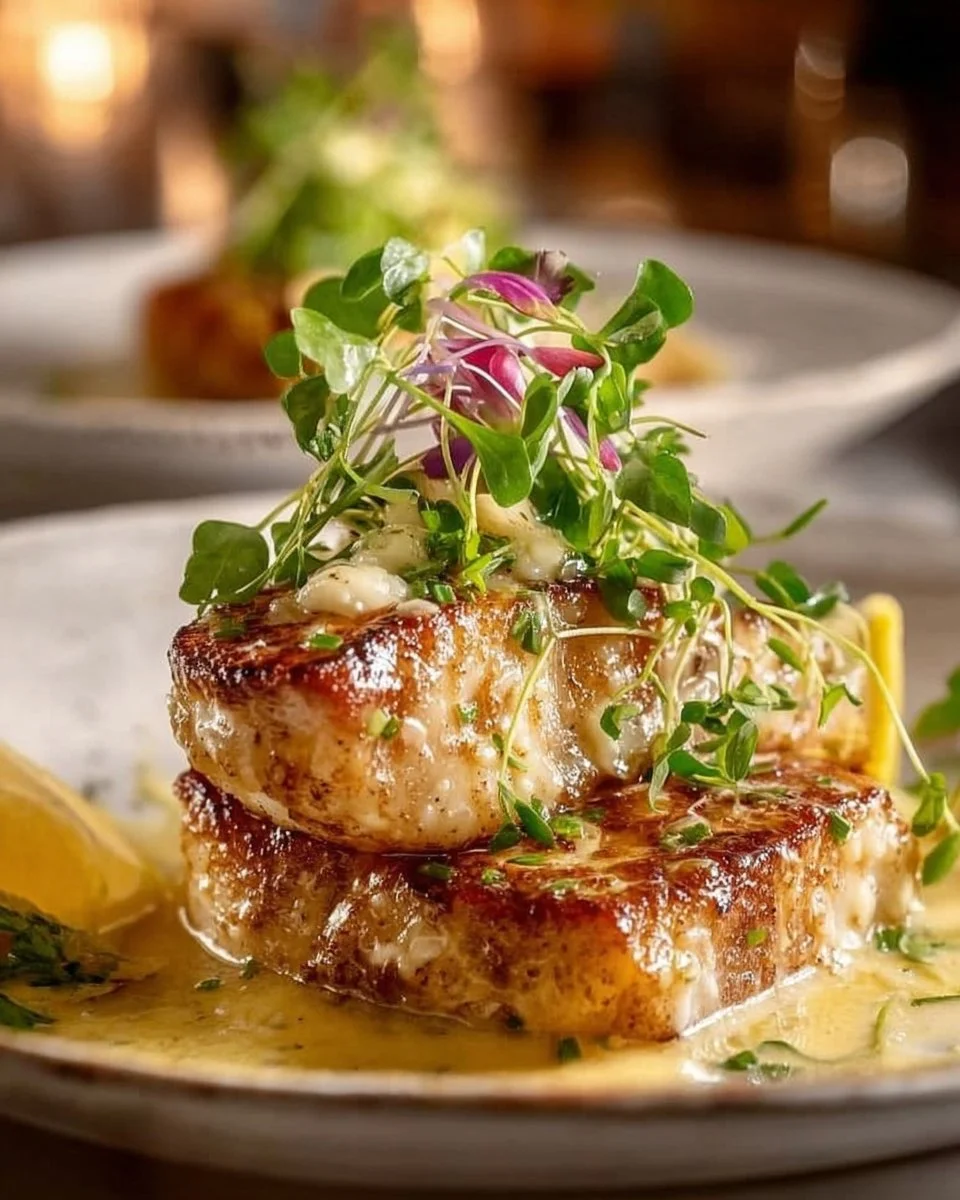 Lemon Garlic Butter Cod served with fresh herbs on a plate