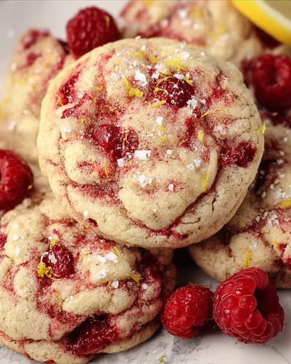 Freshly baked lemon raspberry cookies on a cooling rack.