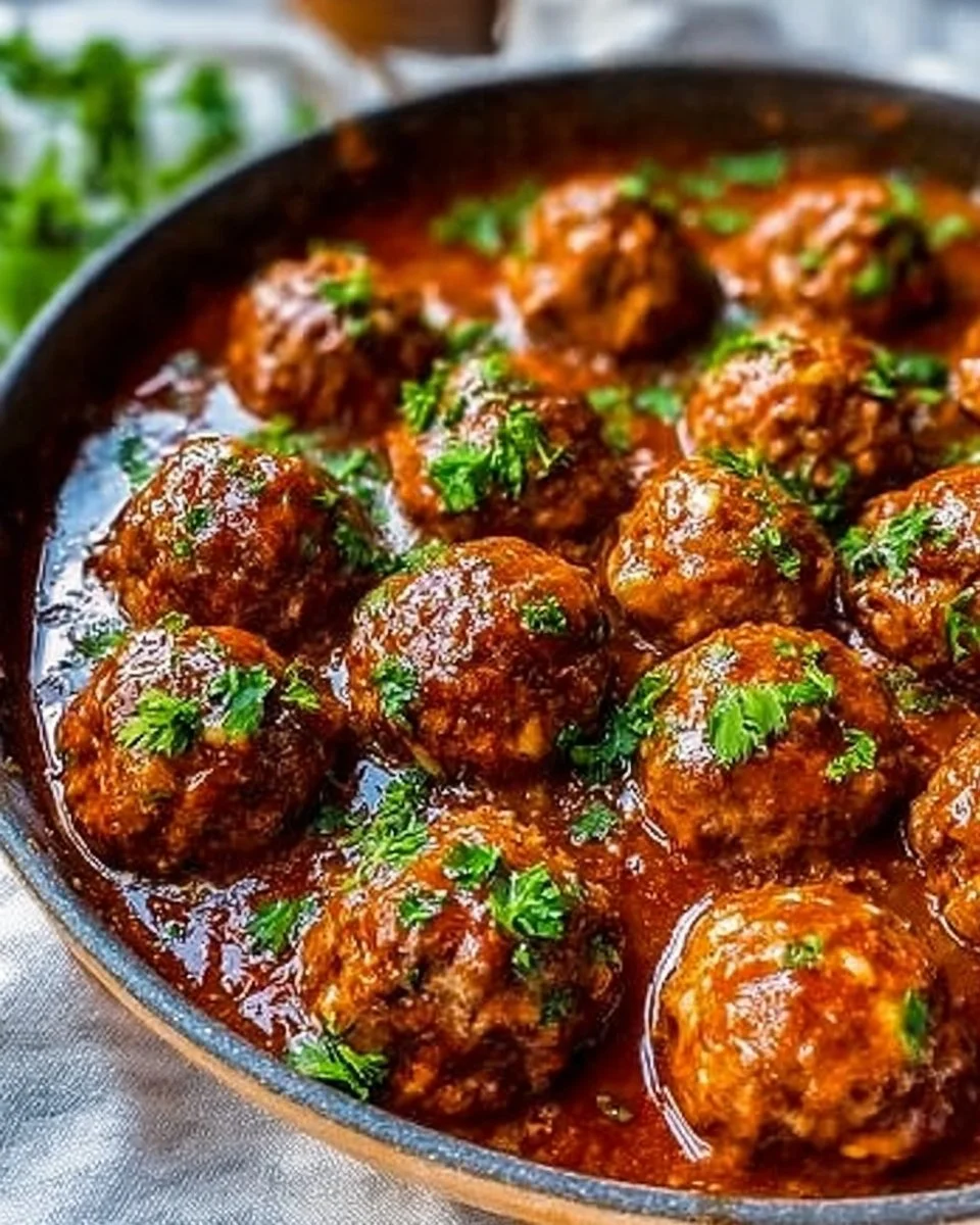 Delicious porcupine meatballs served on a plate with sauce and herbs