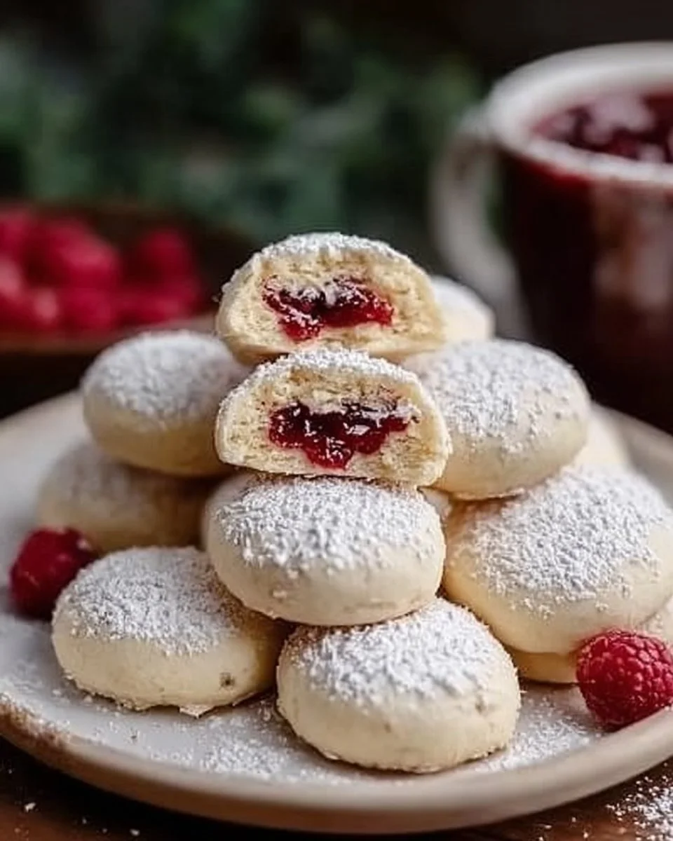 Delicious raspberry-filled almond snow cookies dusted with powdered sugar.