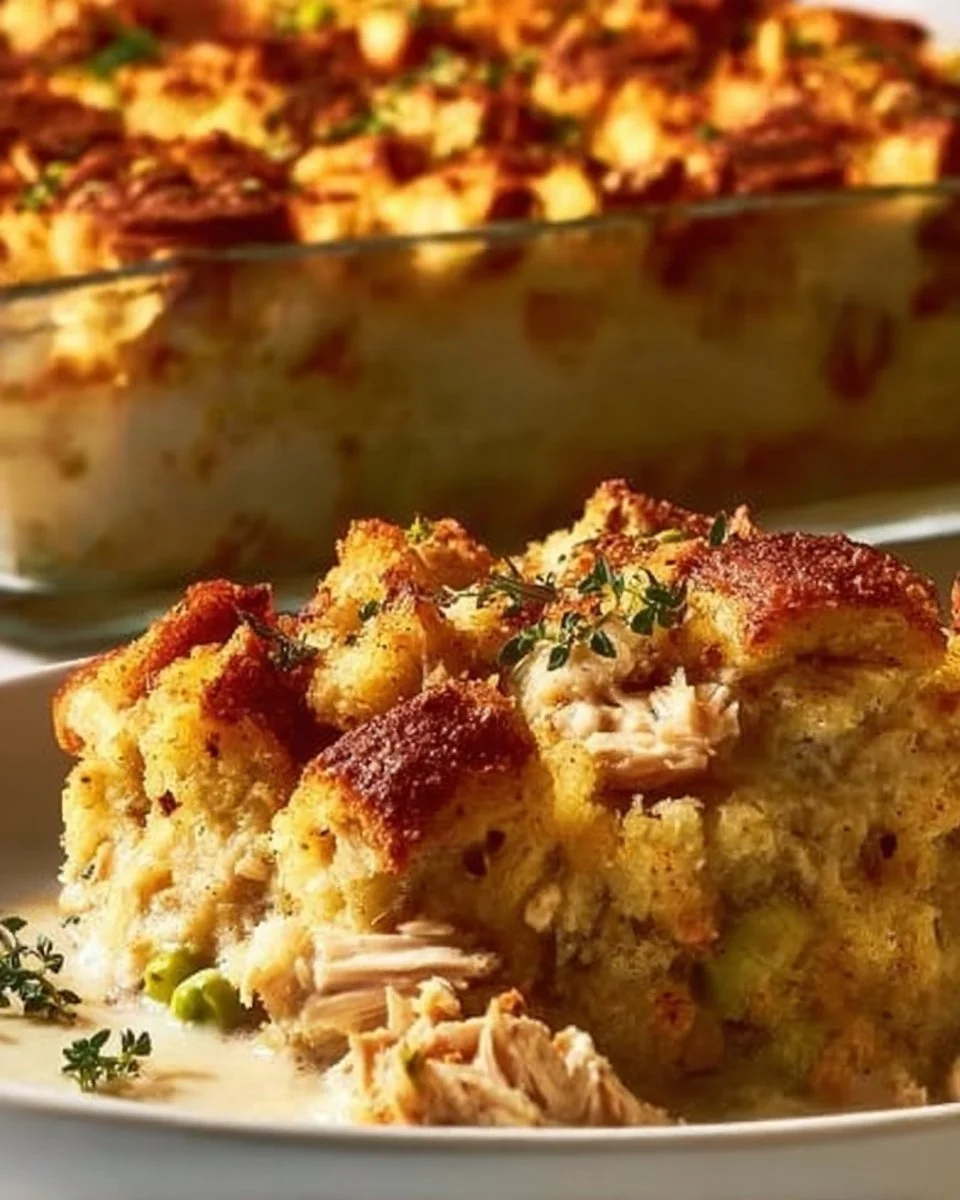 Shredded chicken stuffing casserole topped with breadcrumbs in a baking dish