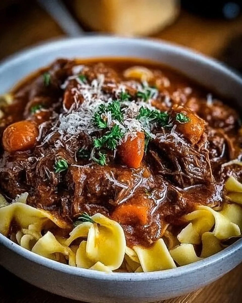Bowl of Slow Cooker Beef Ragu served over pasta, garnished with fresh herbs.
