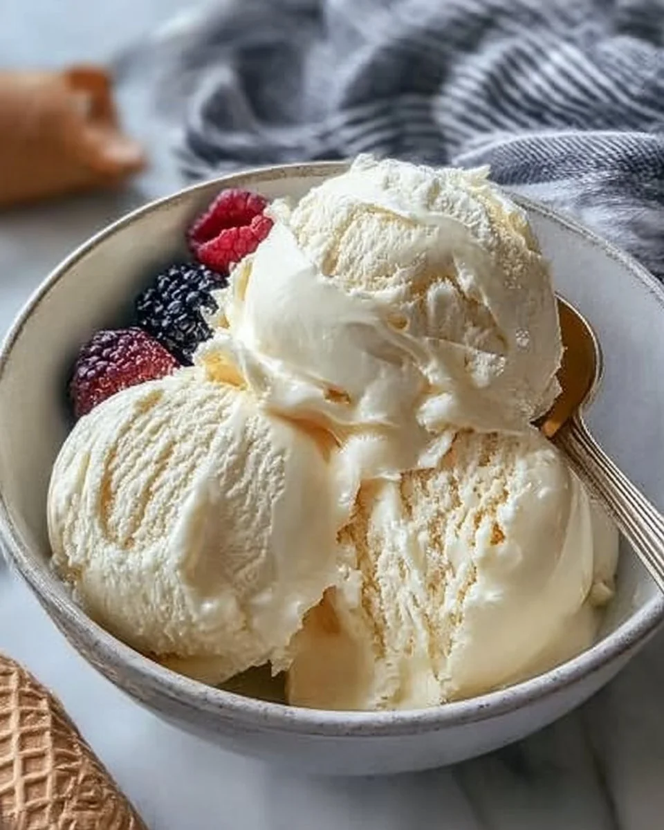 Delicious bowl of vanilla ice cream topped with fresh berries and a sprig of mint.