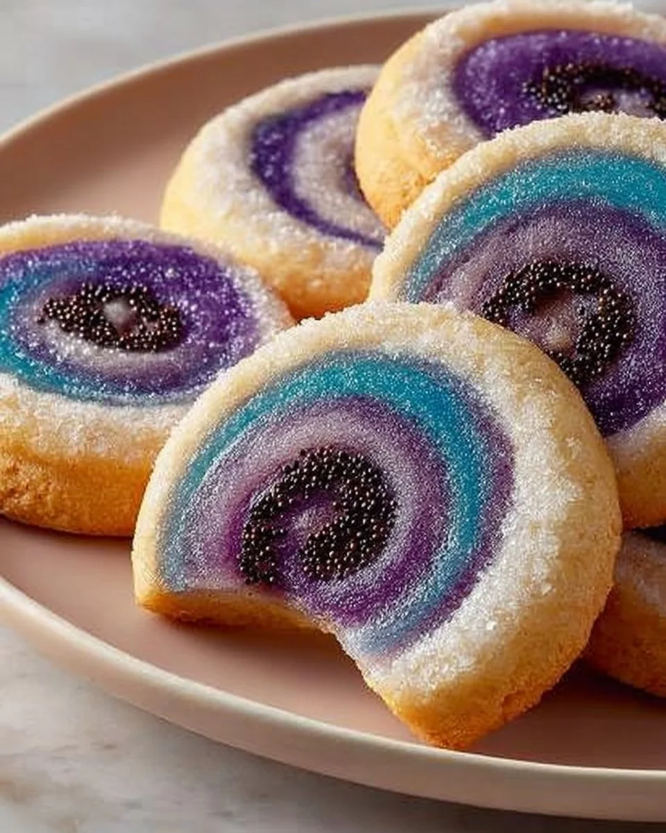 Colorful spiral cookies arranged on a plate, showcasing their vibrant swirls and patterns.