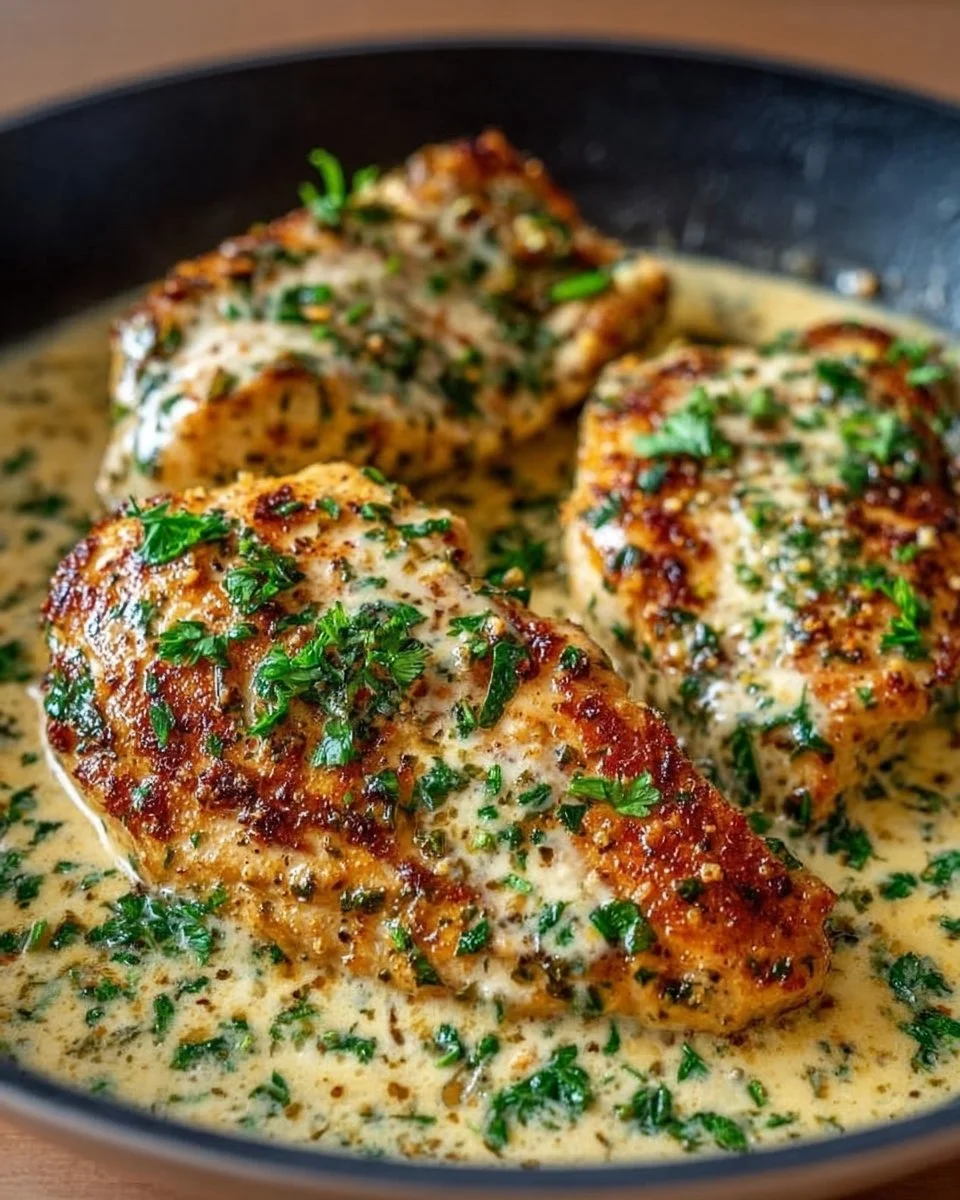 Creamy garlic parmesan chicken dinner served with a side of vegetables