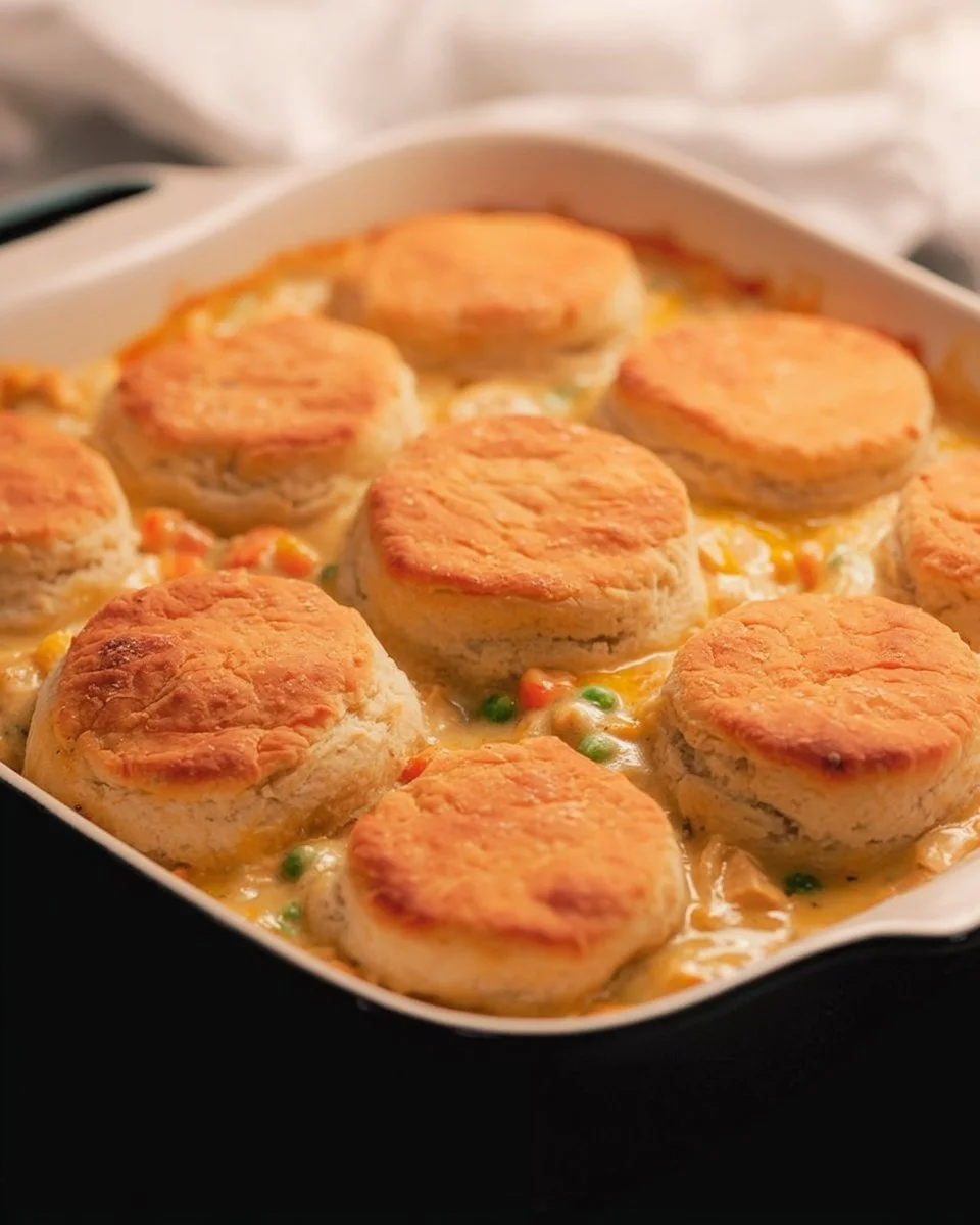 Chicken Pot Pie Casserole served in a baking dish with golden crust and vegetables