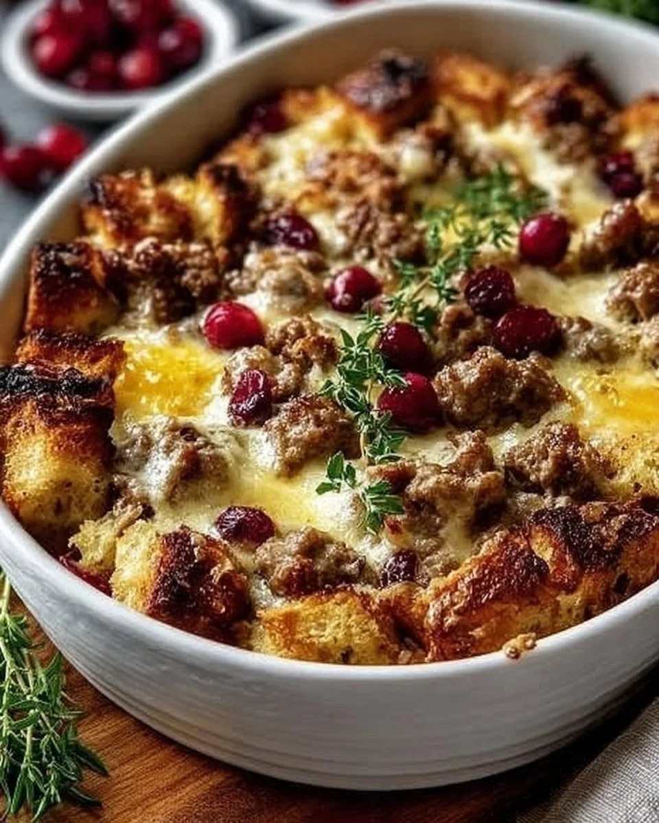 Cozy cranberry sausage breakfast casserole served in a baking dish