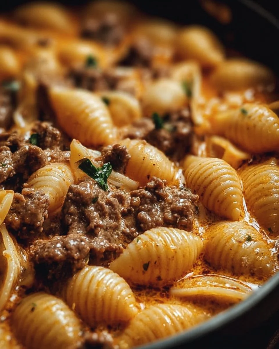 Creamy beef and shells dish served in a bowl with melted cheese on top
