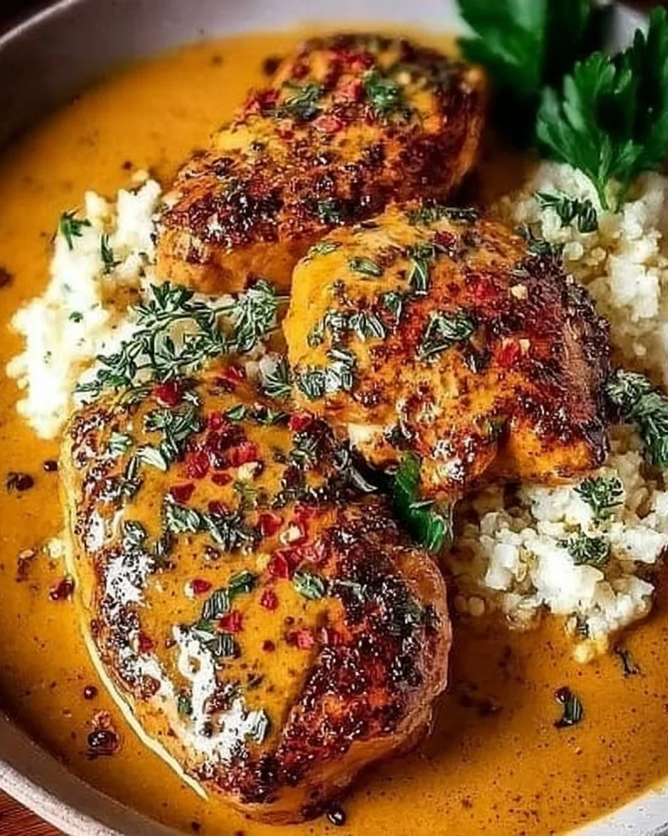 Creamy Moroccan Chicken served with vibrant spices and herbs