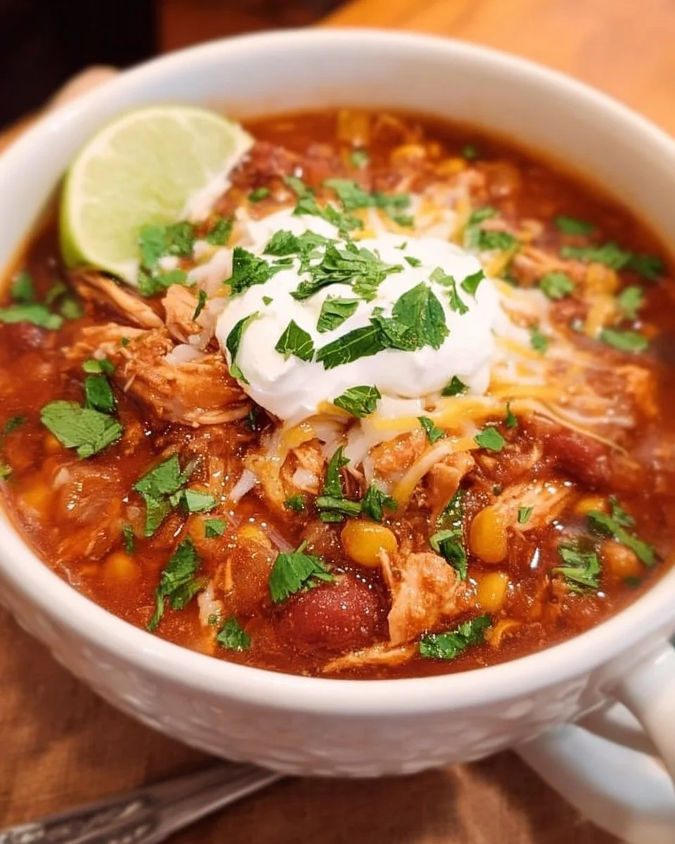 Bowl of flavorful Crockpot Chicken Chili garnished with fresh herbs