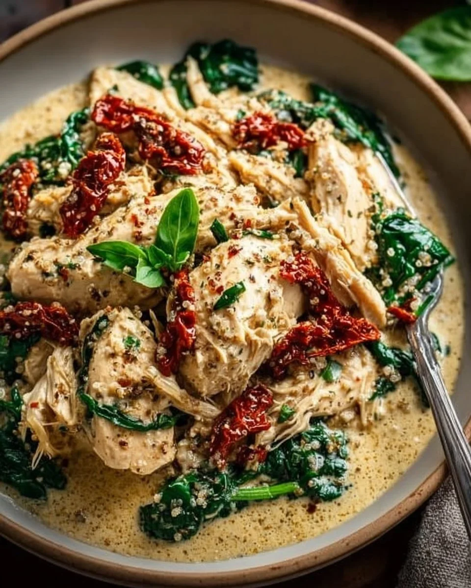 Crockpot Tuscan Chicken in a slow cooker with fresh herbs and vegetables