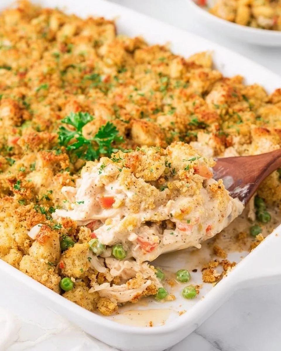 Easy chicken stuffing casserole topped with crispy stuffing and creamy sauce