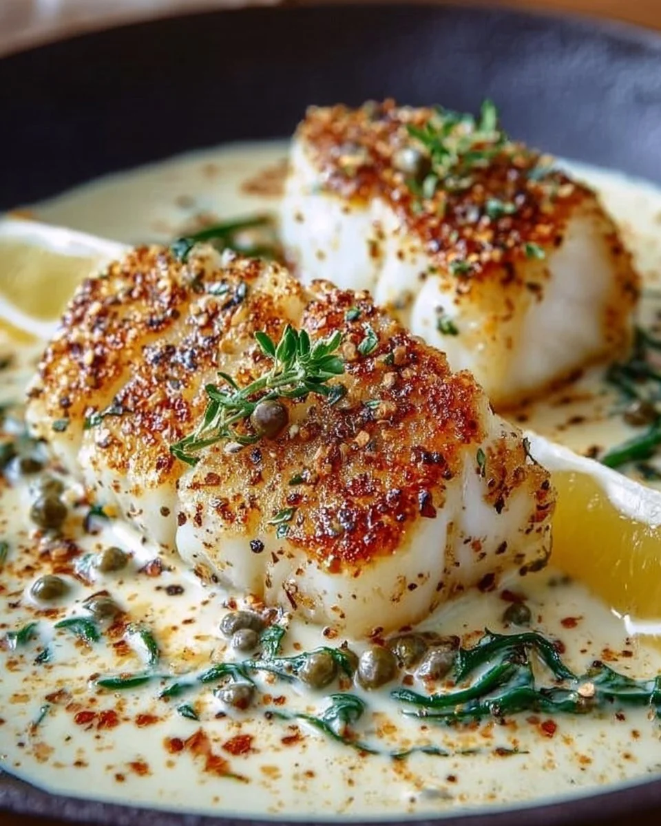 Plate of Garlic Cream Cod with creamy sauce and herbs
