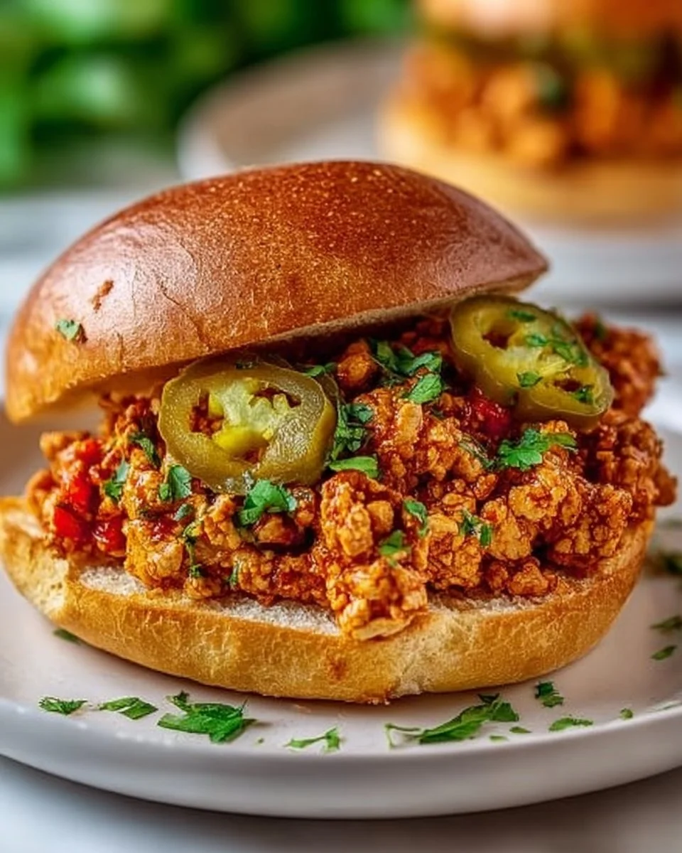 Delicious Spicy Cajun Chicken Sloppy Joes served on a bun with toppings.