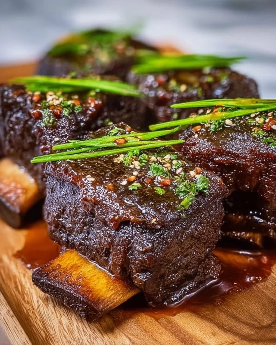 Sticky-Sweet Asian Beef Short Ribs served on a plate garnished with green onions