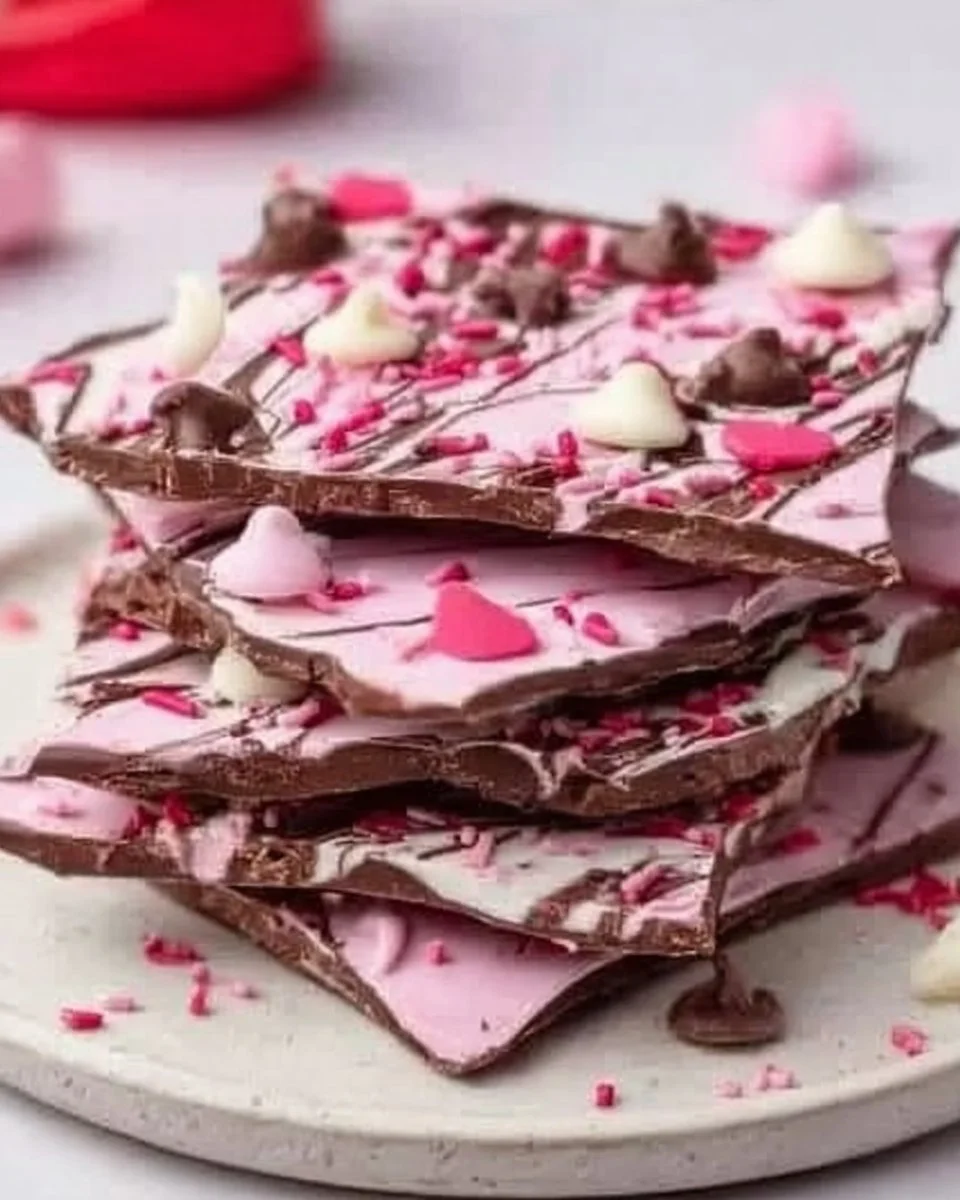 Valentine's Day chocolate bark with colorful toppings, perfect for a sweet gift.
