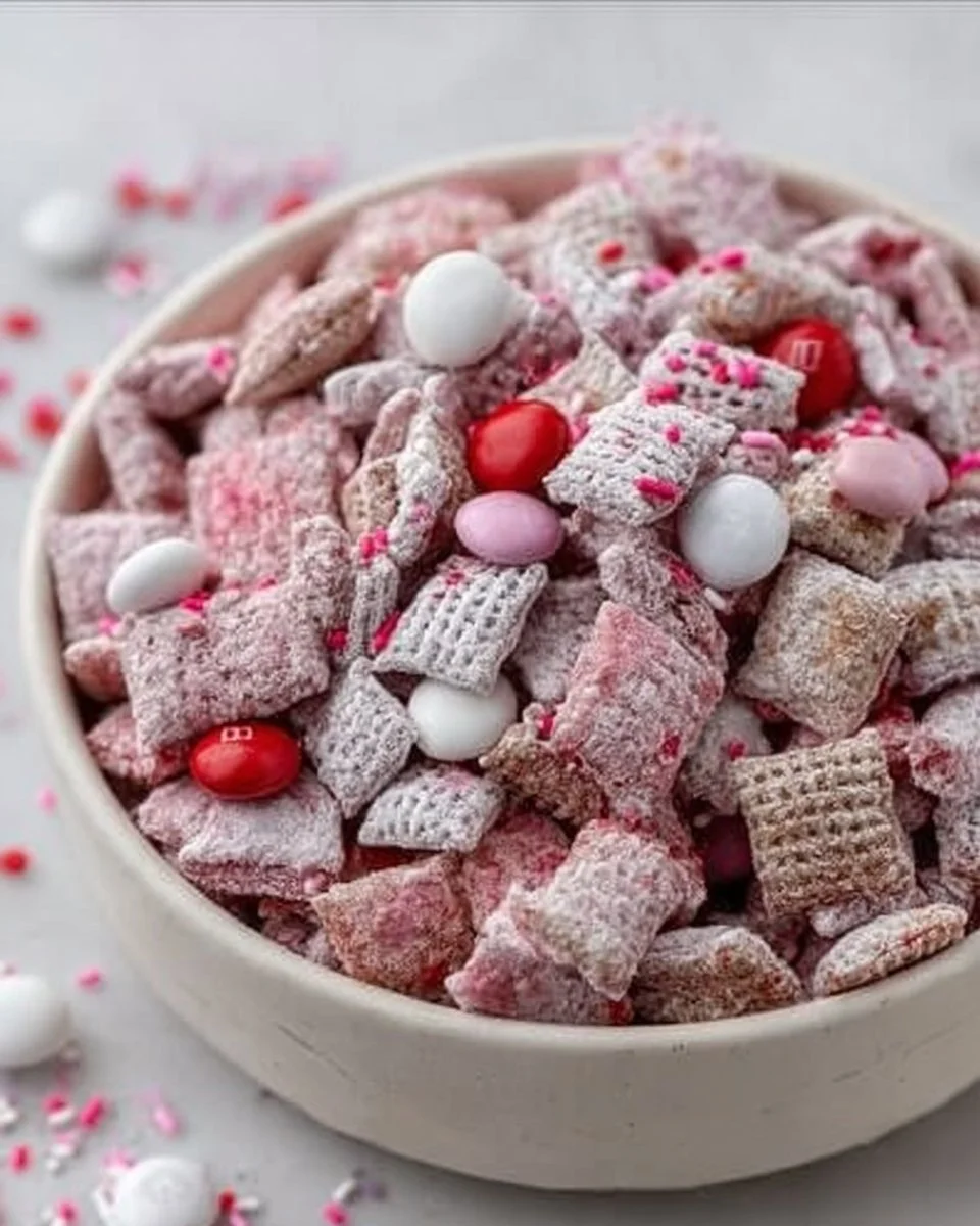 Valentine's Day Muddy Buddies dessert with heart-shaped sprinkles