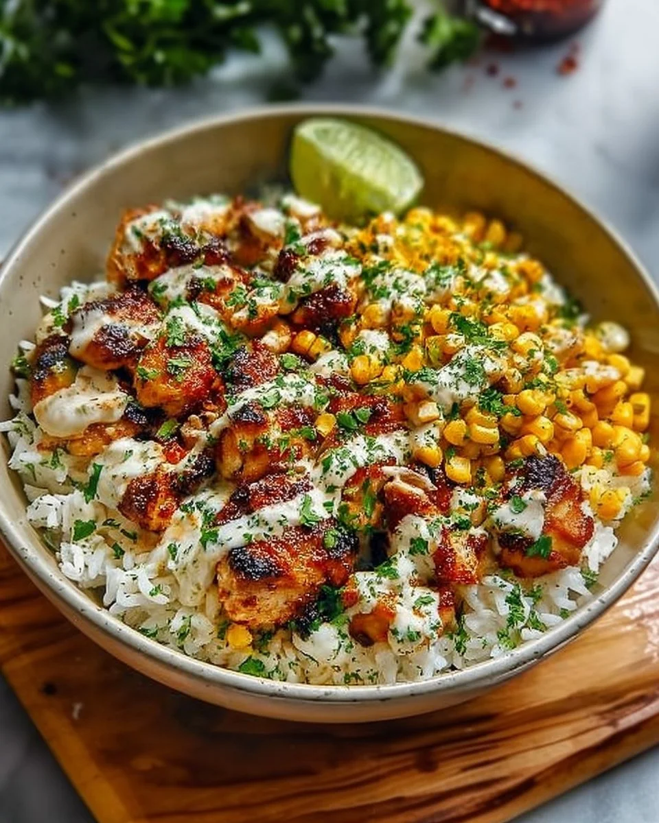 Delicious Street Corn Chicken Rice Bowl with flavorful chicken and fresh corn