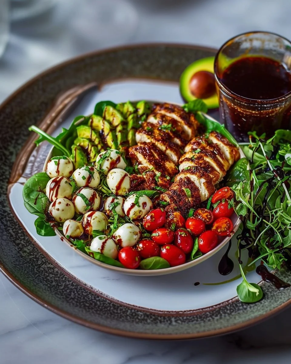 Balsamic chicken salad with mozzarella, greens, and dressing served in a bowl.