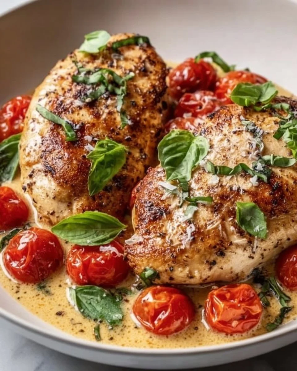 Delicious chicken cooked with fresh cherry tomatoes on a white plate