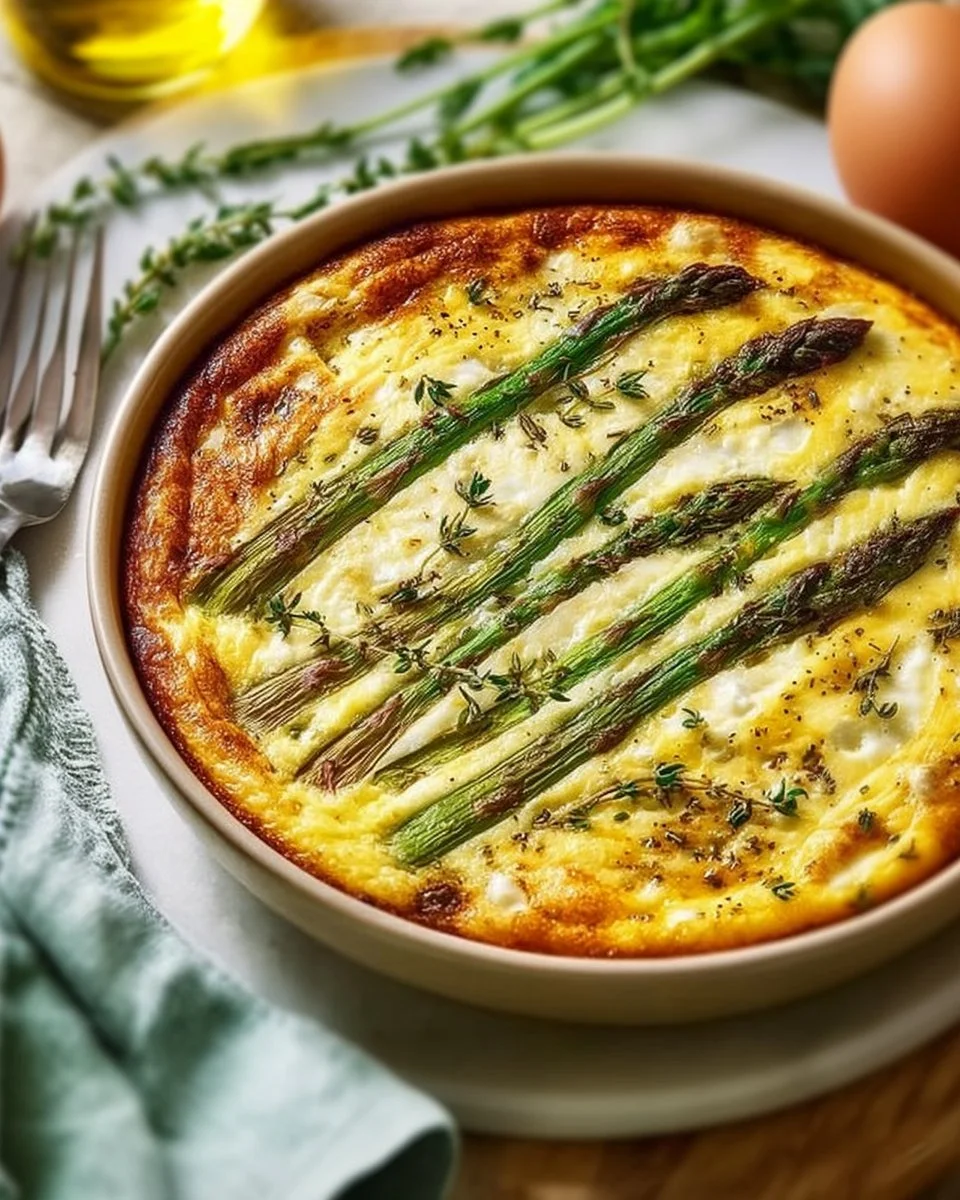 Delicious crustless asparagus quiche served on a plate with fresh herbs