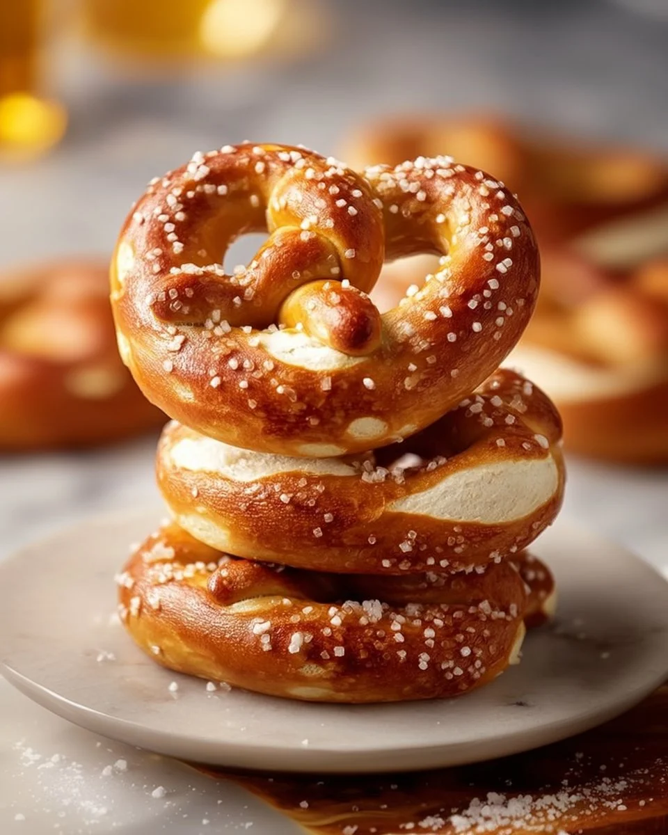 Freshly baked homemade soft pretzels without lye on a wooden table