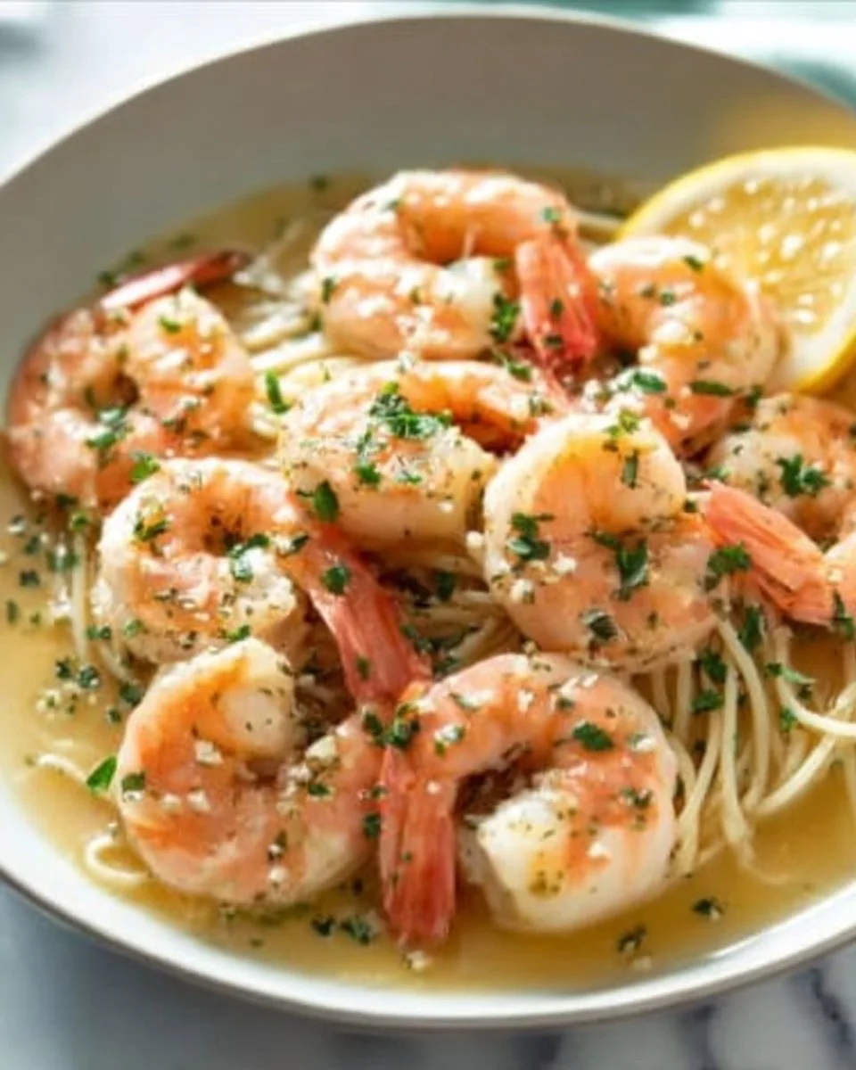 A plate of garlic butter shrimp garnished with parsley and lemon slices.