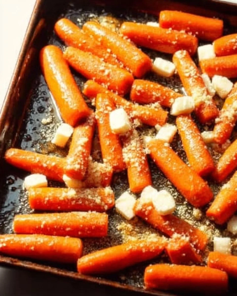 Honey roasted carrots drizzled with a ginger glaze served in a dish.