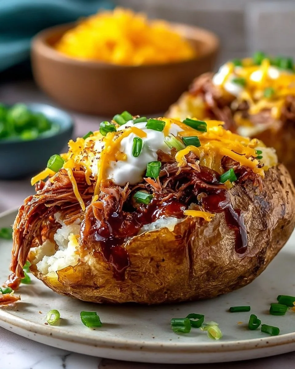 Loaded brisket baked potato topped with cheese and toppings, perfect for comfort food lovers.