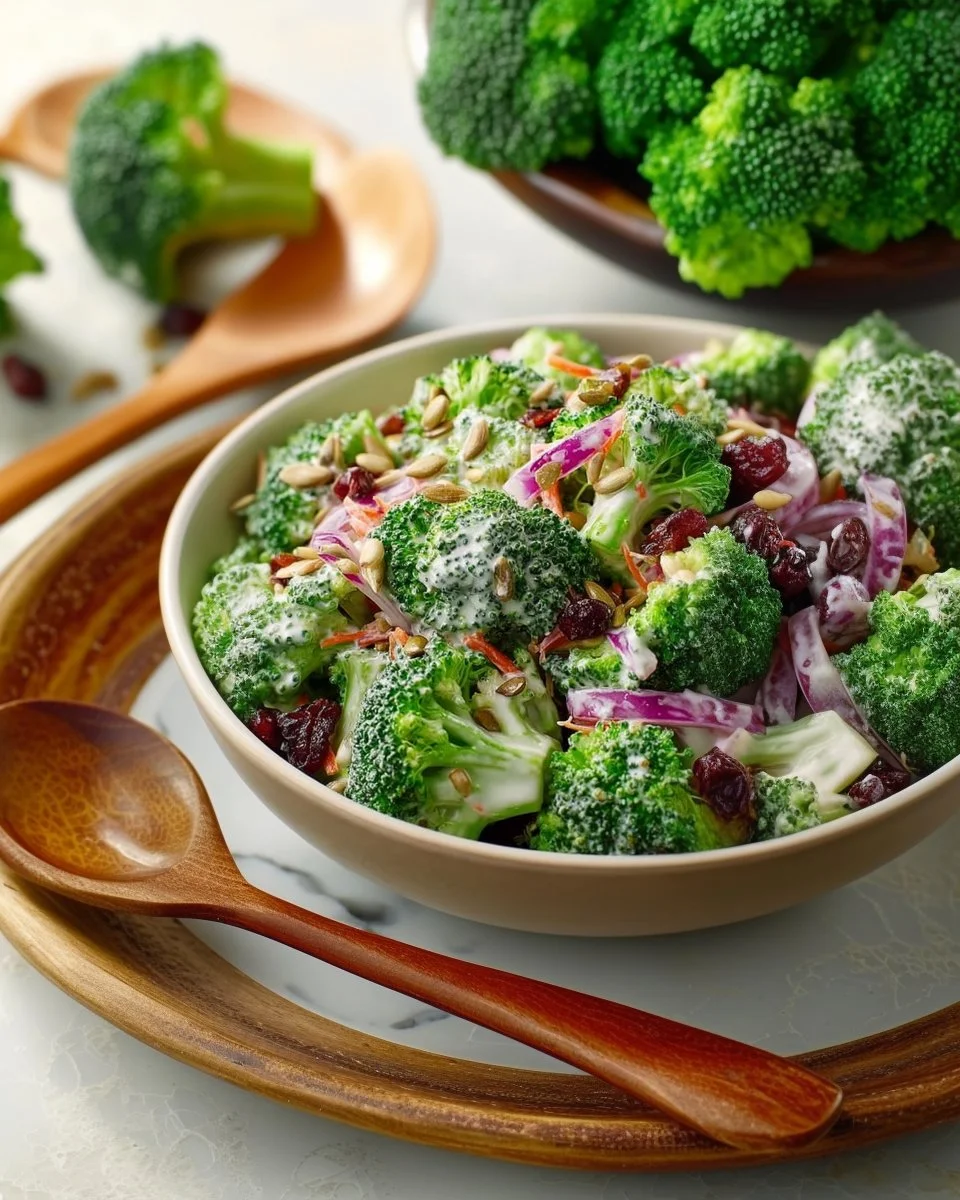 Fresh and vibrant simple classic broccoli salad with mixed ingredients