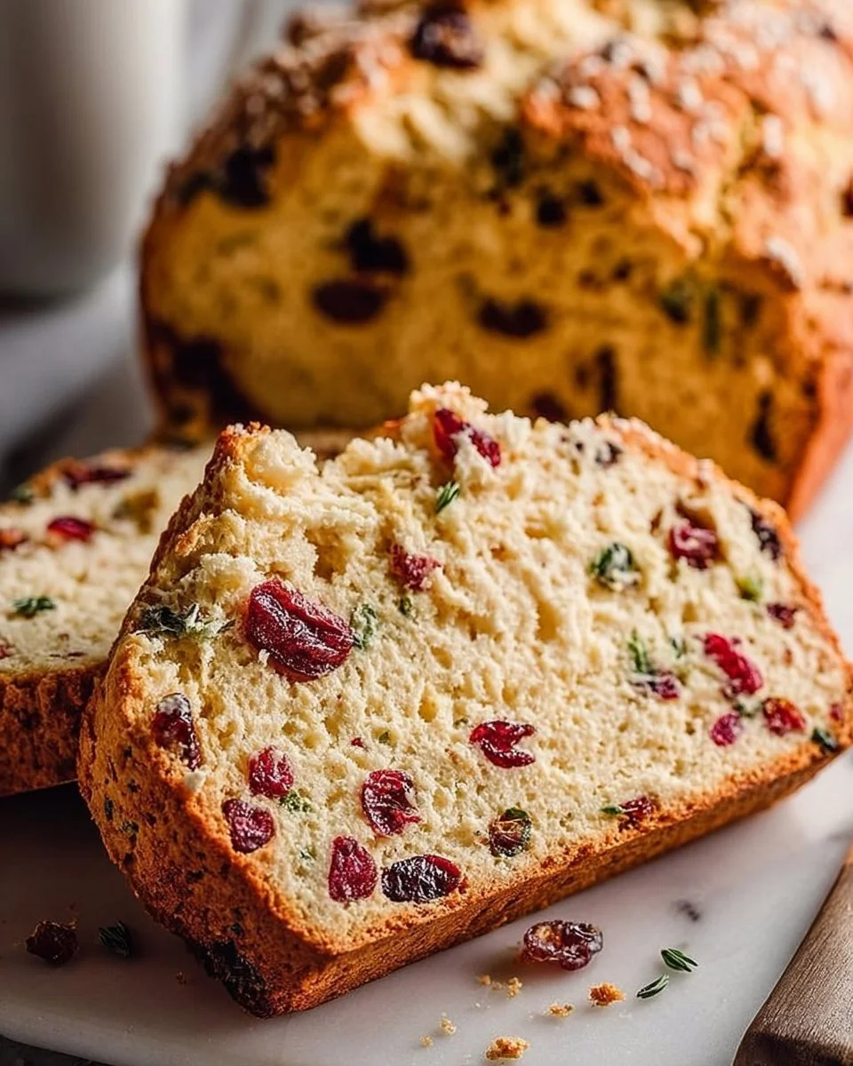 Freshly baked Cranberry Orange Irish Soda Bread on a wooden cutting board.
