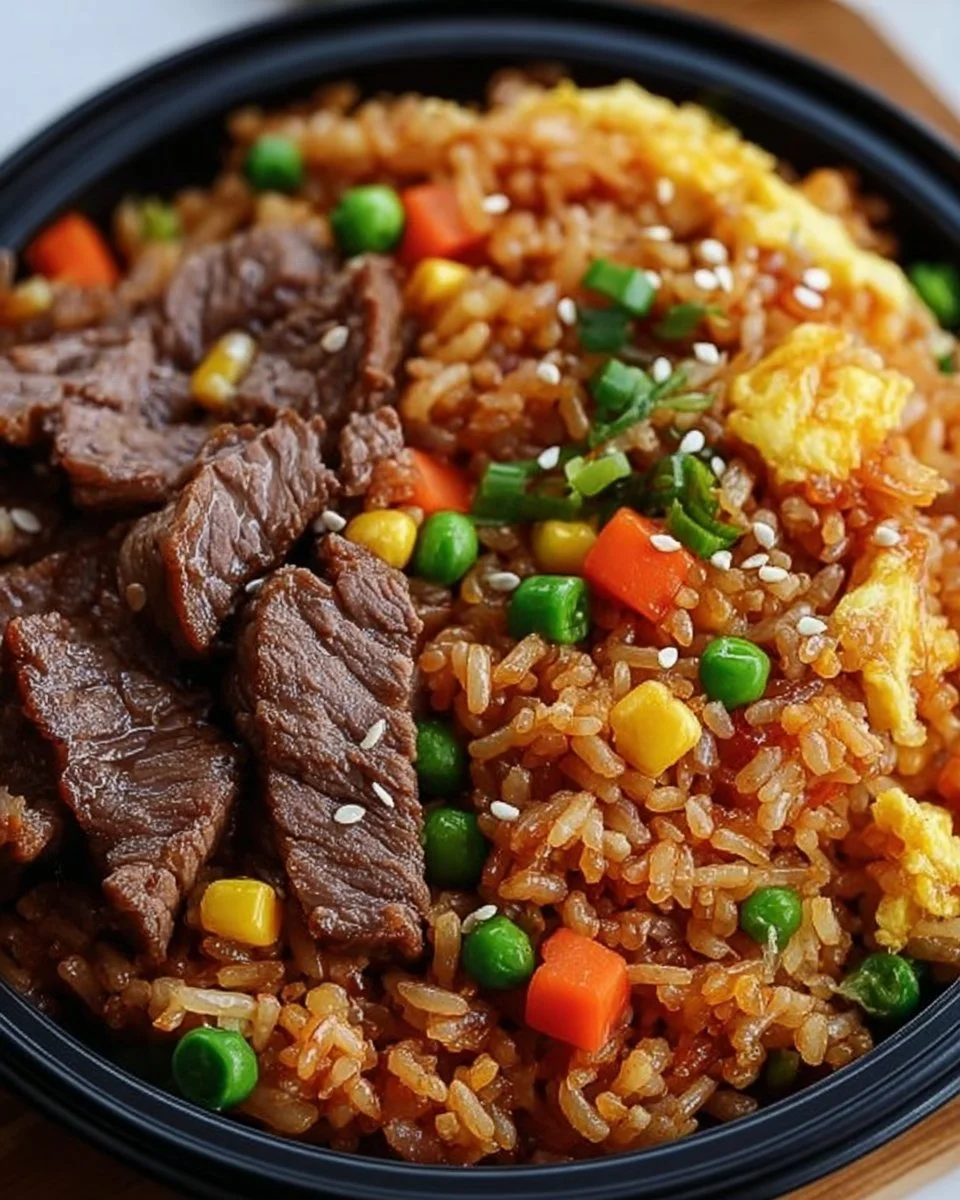 Delicious beef steak fried rice served in a bowl