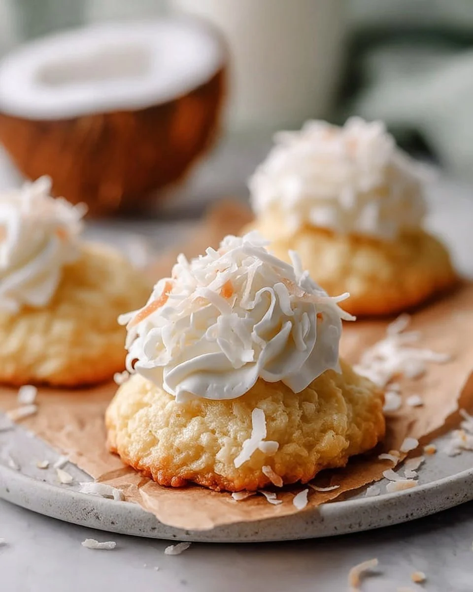 Soft coconut cake cookies on a white plate with a sprinkle of coconut flakes.