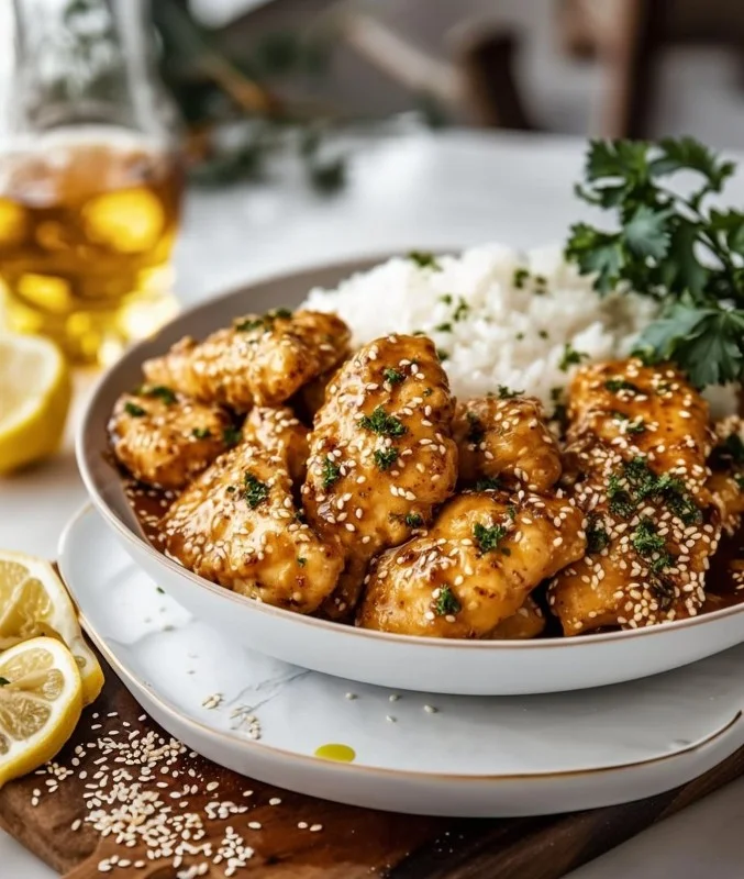 Delicious tahini chicken served with fresh herbs and vegetables.