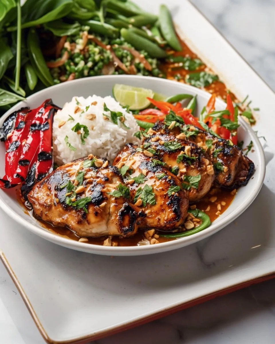 Deliciously prepared Thai Chicken dish garnished with fresh herbs